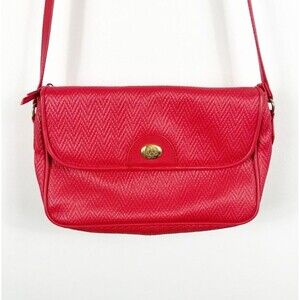 Vintage Bonjour 80s Cherry Red Crossbody Bag Faux Leather Chevron Flap 11" *READ